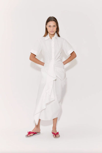 Gathered Ruffle Shirt Dress in White