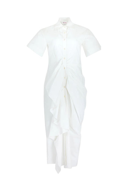 Gathered Ruffle Shirt Dress in White