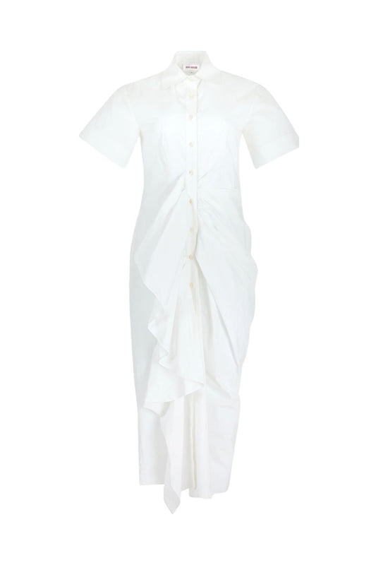 Gathered Ruffle Shirt Dress in White