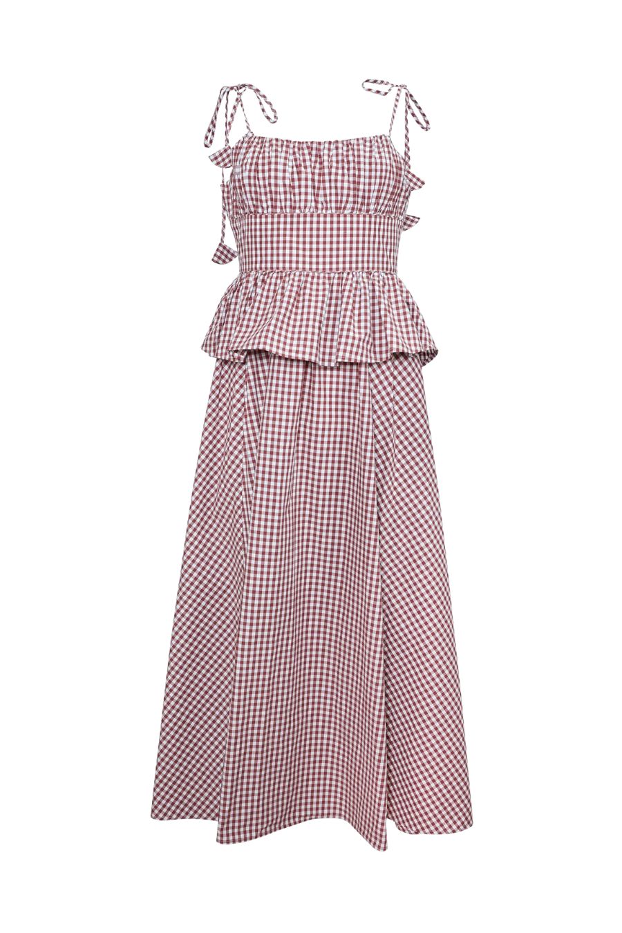 Hunter Bell Betsy Dress in Cotswold Check Rust, ruched bodice midi dress in cotton gingham