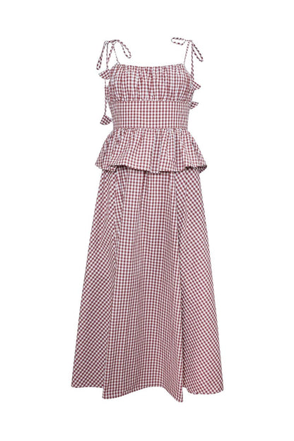 Hunter Bell Betsy Dress in Cotswold Check Rust, ruched bodice midi dress in cotton gingham