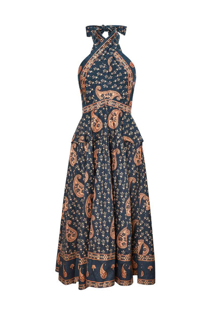 Hunter Bell Bellamy Dress in Glen Paisley, cross-front halter maxi dress in cotton twill