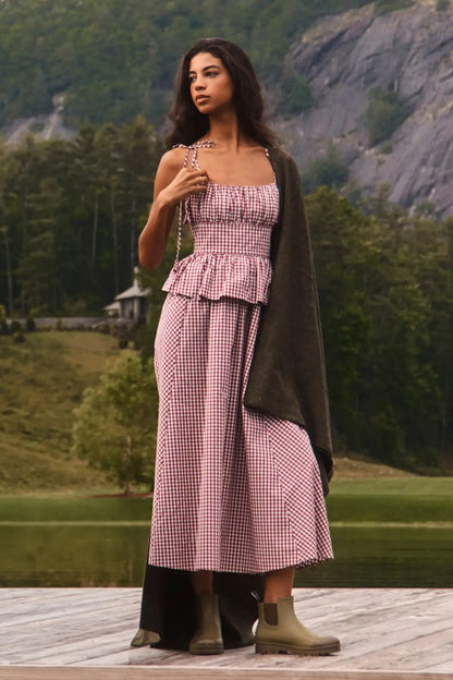 Hunter Bell Betsy Dress in Cotswold Check Rust, ruched bodice midi dress in cotton gingham