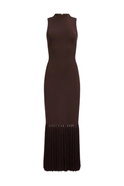 Sofina Knit Tassel Midi Dress in Chocolate