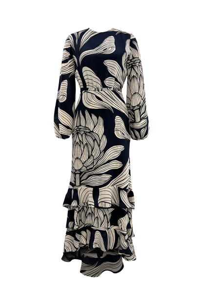 Un Romance Maxi Dress in Blue Floral Mosaique by Andrés Otálora — designer dress at Bunny & Babe