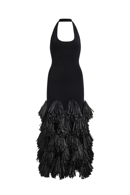 Aje Elva Raffia Knit Midi Dress in Black