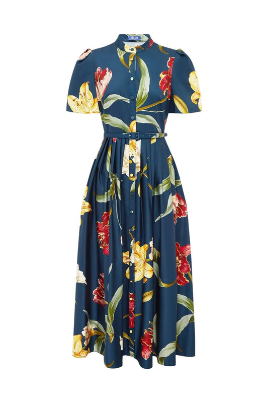 Bianca Midi Dress in Lily Print Indigo