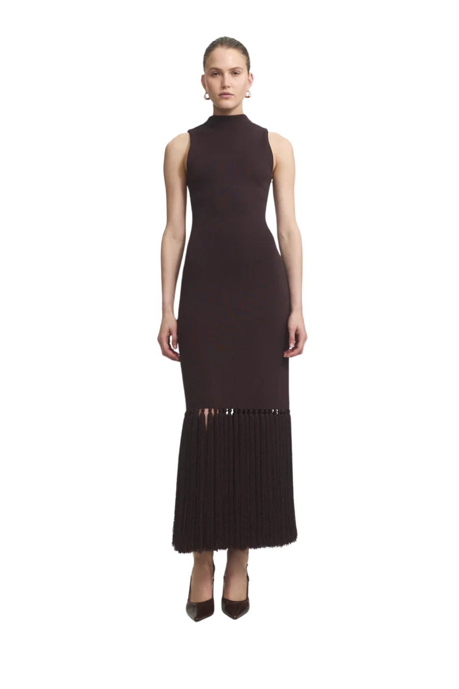 Sofina Knit Tassel Midi Dress in Chocolate