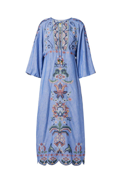 Garden Tapestry Cotton Midi Dress Blue