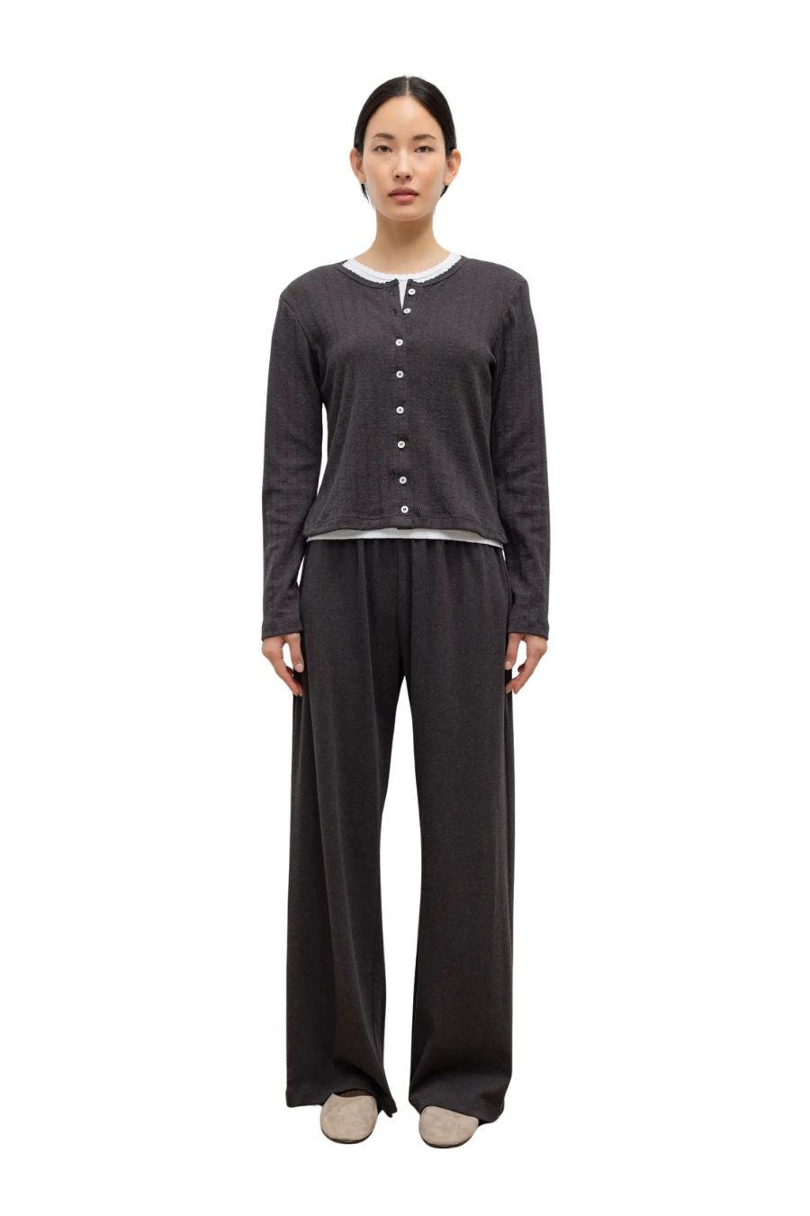 Pointelle Classic Cardigan in Hickory Melange
