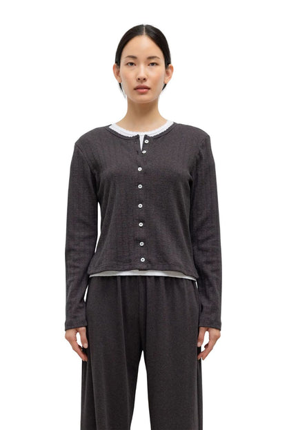 Pointelle Classic Cardigan in Hickory Melange