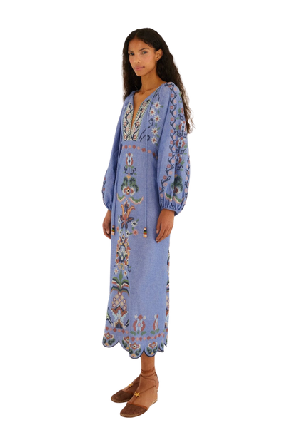 Garden Tapestry Cotton Midi Dress Blue