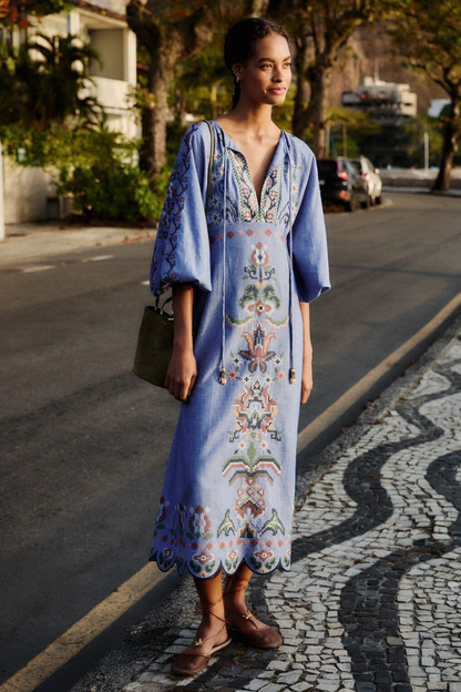 Garden Tapestry Cotton Midi Dress Blue