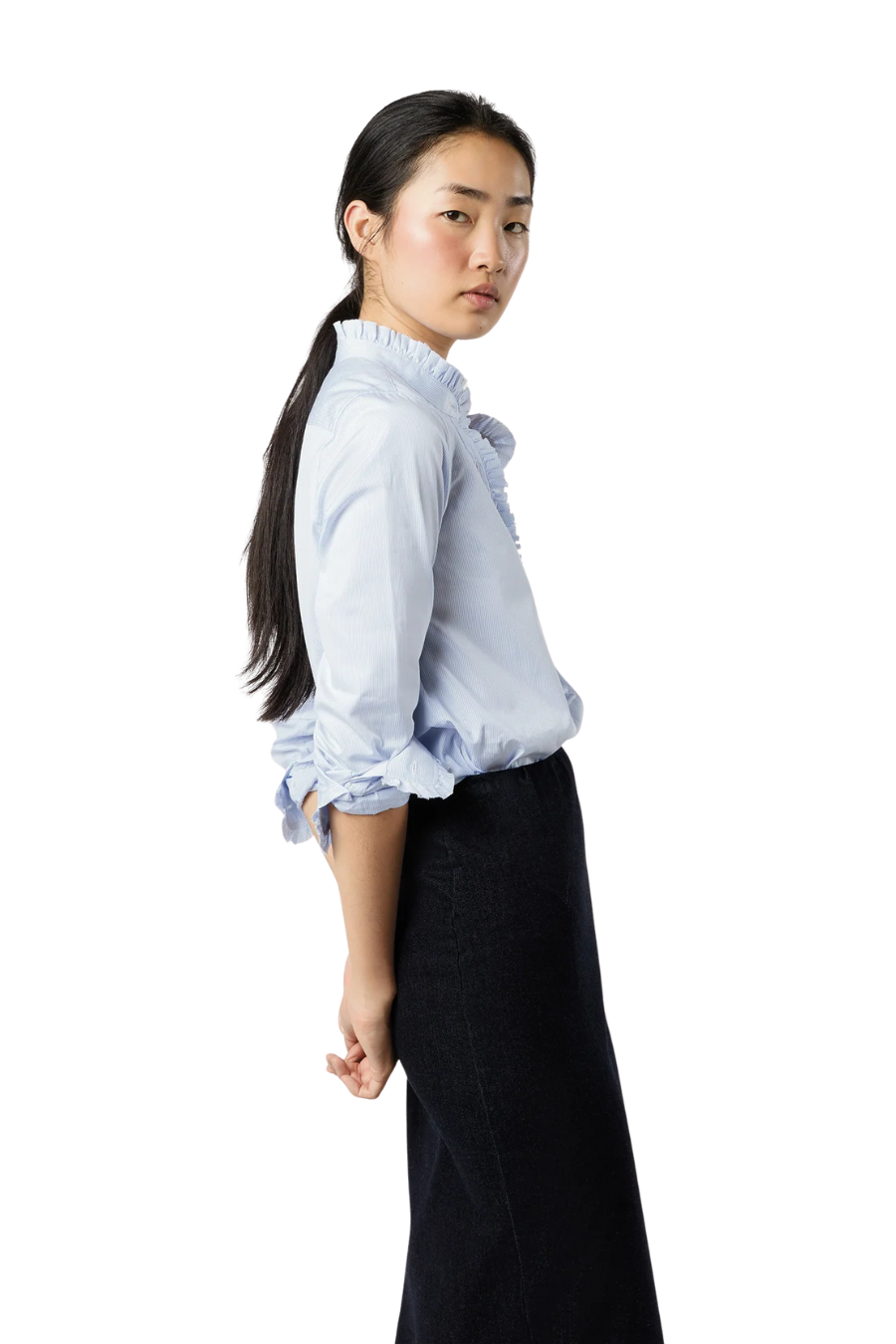 Frill Shirt in Sky Pencil Stripe