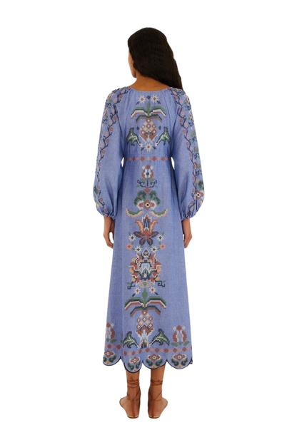 Garden Tapestry Cotton Midi Dress Blue