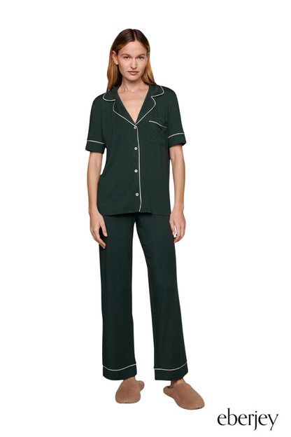 Gisele Short Sleeve Pant PJ Set in Pine/Ivory