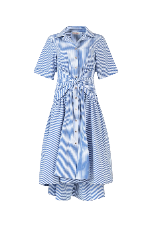 Tie Shirt Dress in Blue Stripe