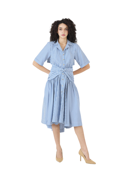 Tie Shirt Dress in Blue Stripe