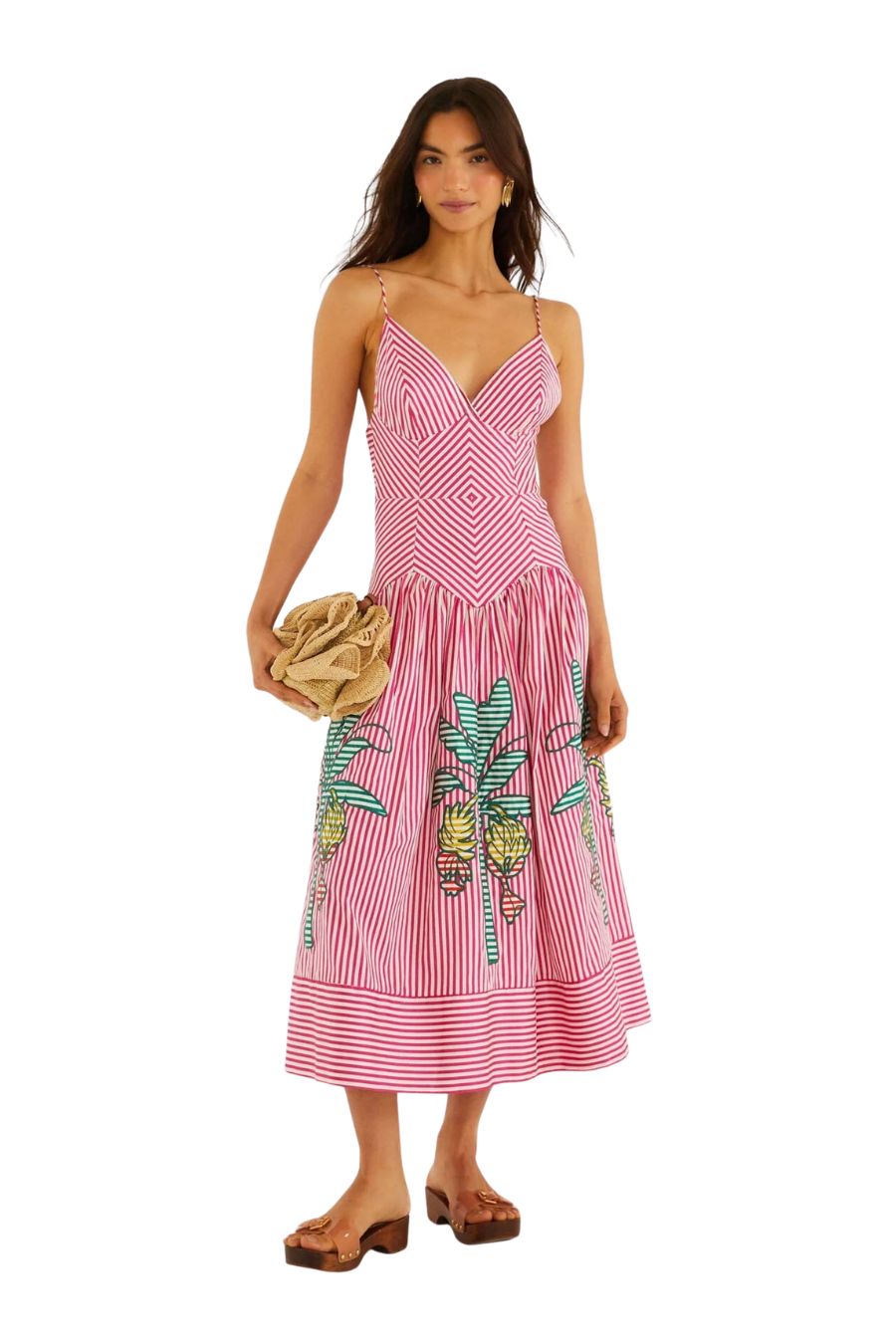 FARM Rio Palm Tree Cutwork Stripes Sleeveless Midi Dress M / MULTI