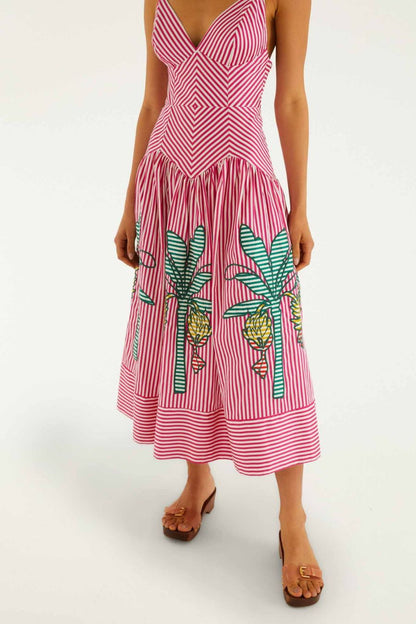 Palm Tree Stripes Cutwork Dress in Pink