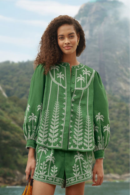 Bicolor Embroidery Blouse in Green