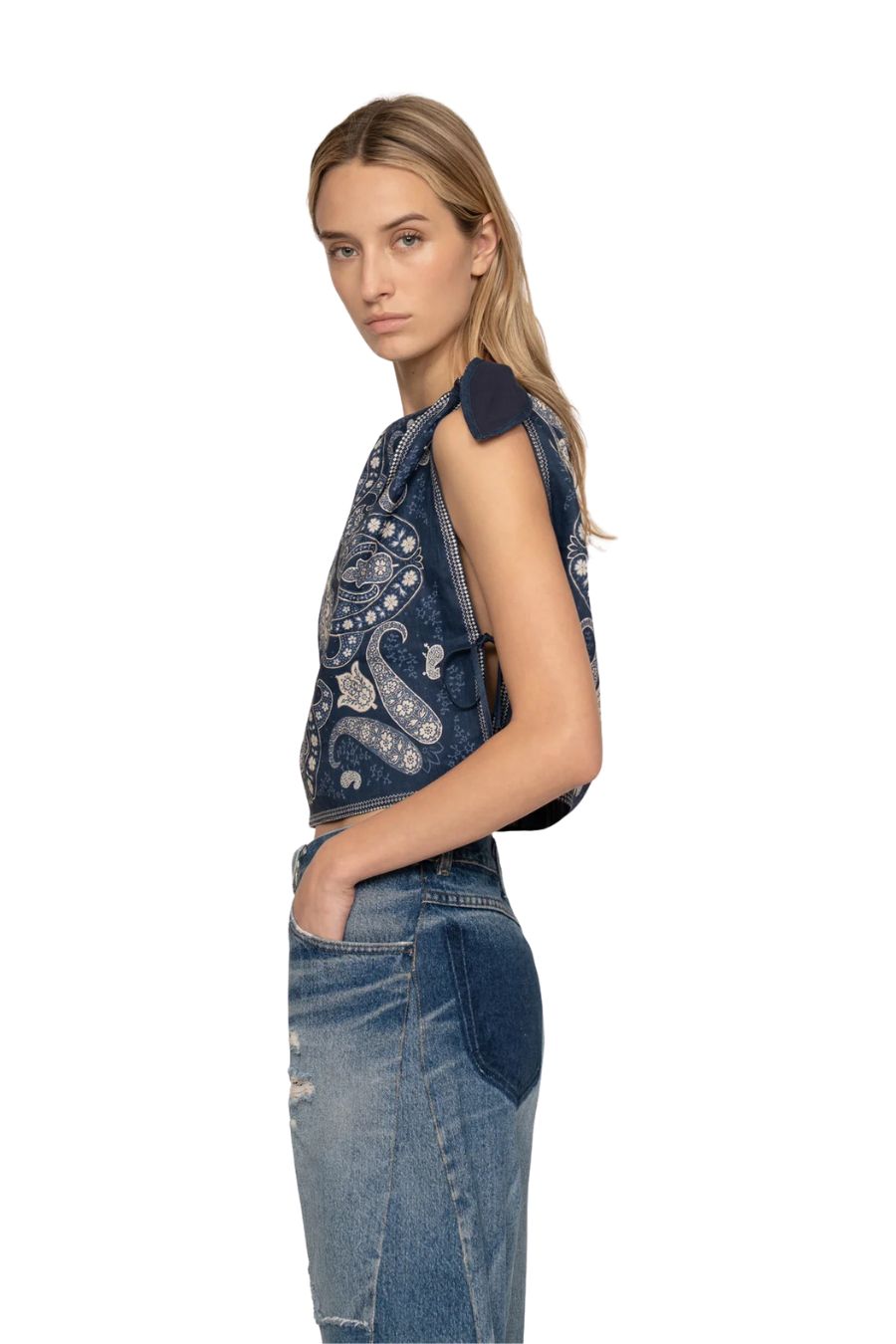 Emelina Print Sleeveless Top in Navy
