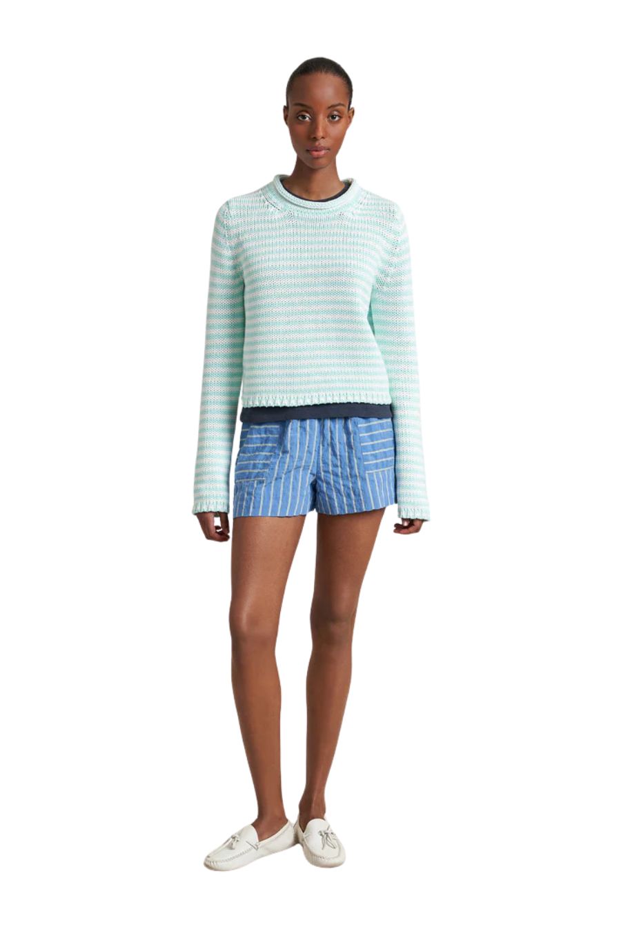 Fine Stripe Mini Marina Sweater in Aqua/Ivory