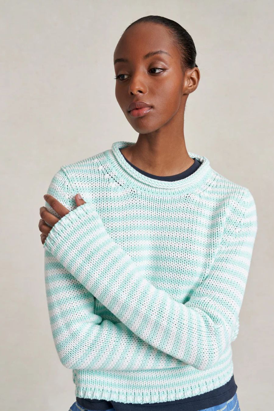 Fine Stripe Mini Marina Sweater in Aqua/Ivory