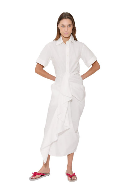 Gathered Ruffle Shirt Dress in White