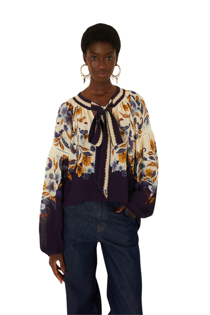 Golden Nature Long Sleeve Blouse in Navy Blue