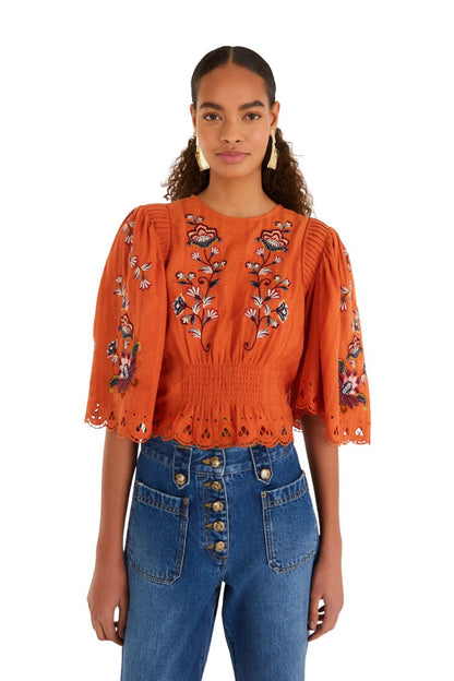 Farm Rio Boho Flowers Embroidered Blouse in Orange, cotton blouse with floral embroidery