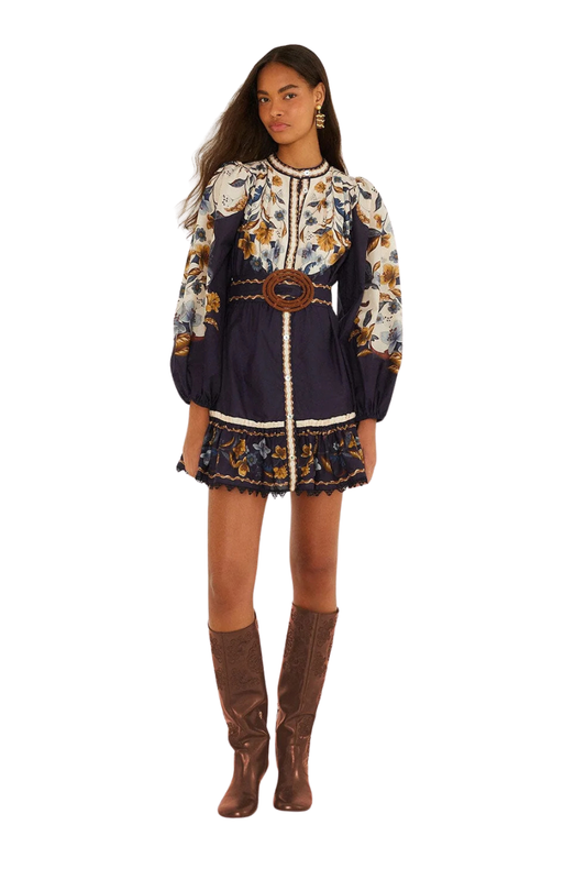 Golden Nature Belted Long Sleeve Mini Dress