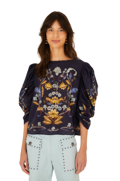 Golden Nature Flower Puff Sleeve Blouse