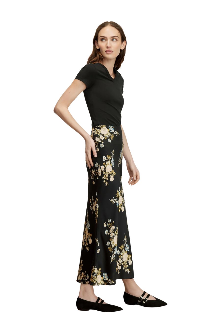 Clover Floral Midi Skirt in Black Multi