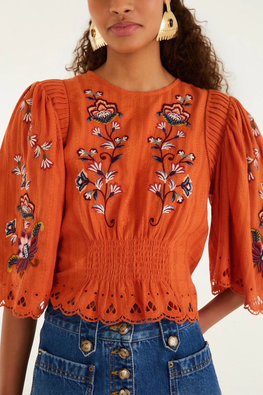 Farm Rio Boho Flowers Embroidered Blouse in Orange, cotton blouse with floral embroidery