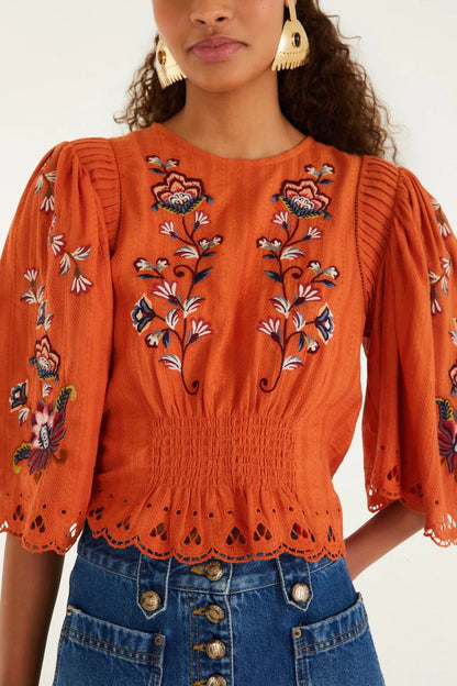 Farm Rio Boho Flowers Embroidered Blouse in Orange, cotton blouse with floral embroidery