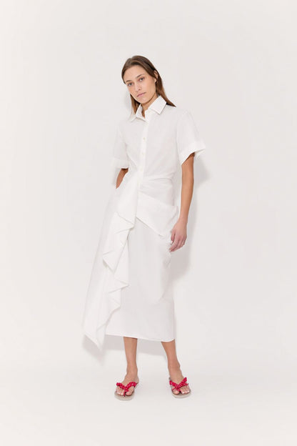 Gathered Ruffle Shirt Dress in White