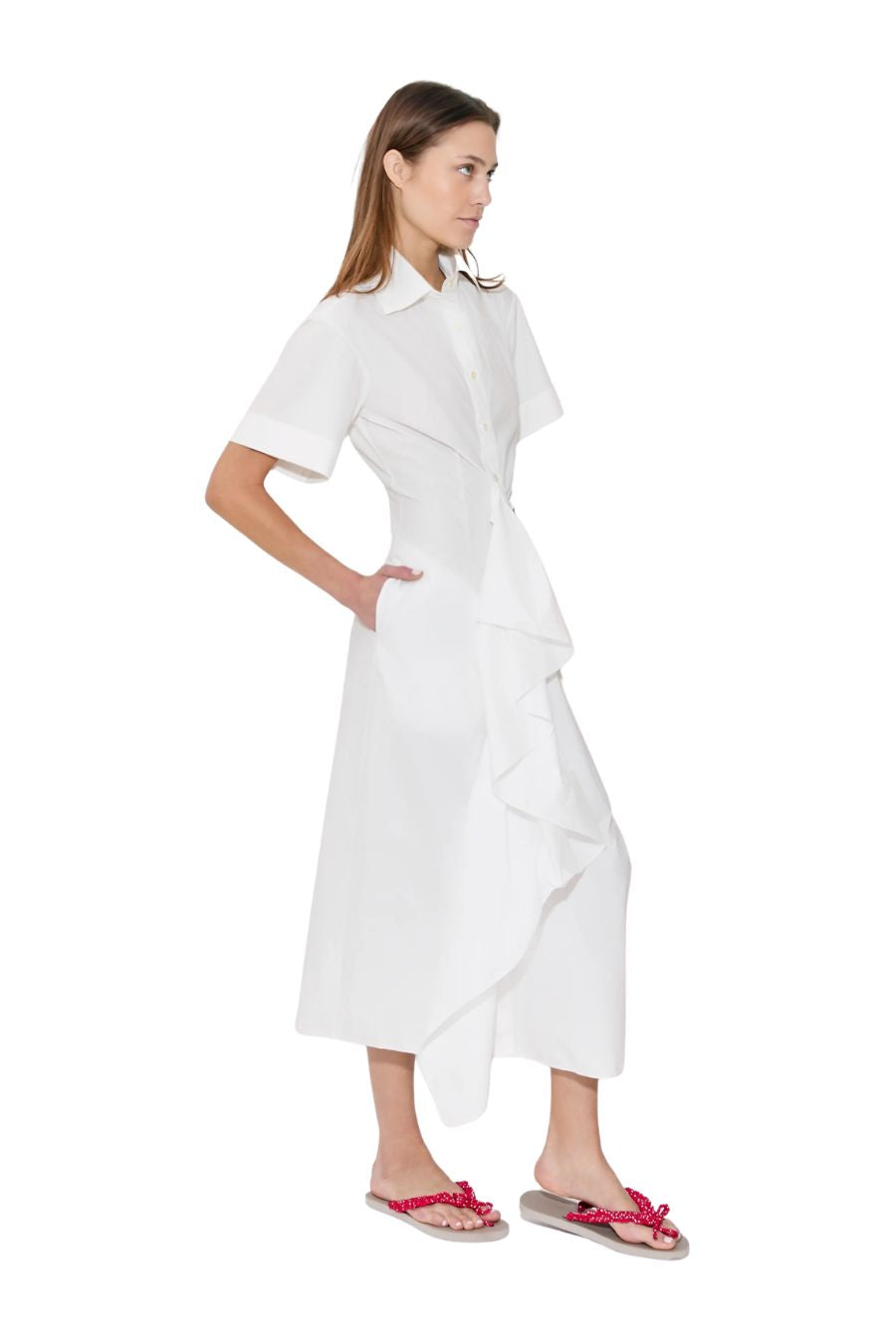 Gathered Ruffle Shirt Dress in White