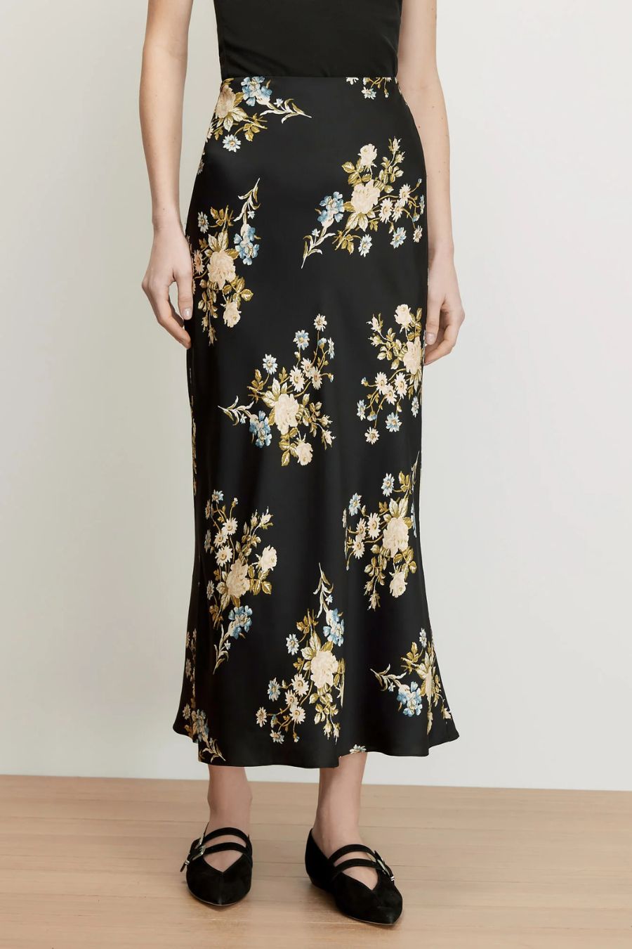 Clover Floral Midi Skirt in Black Multi