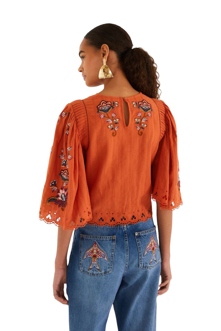 Farm Rio Boho Flowers Embroidered Blouse in Orange, cotton blouse with floral embroidery