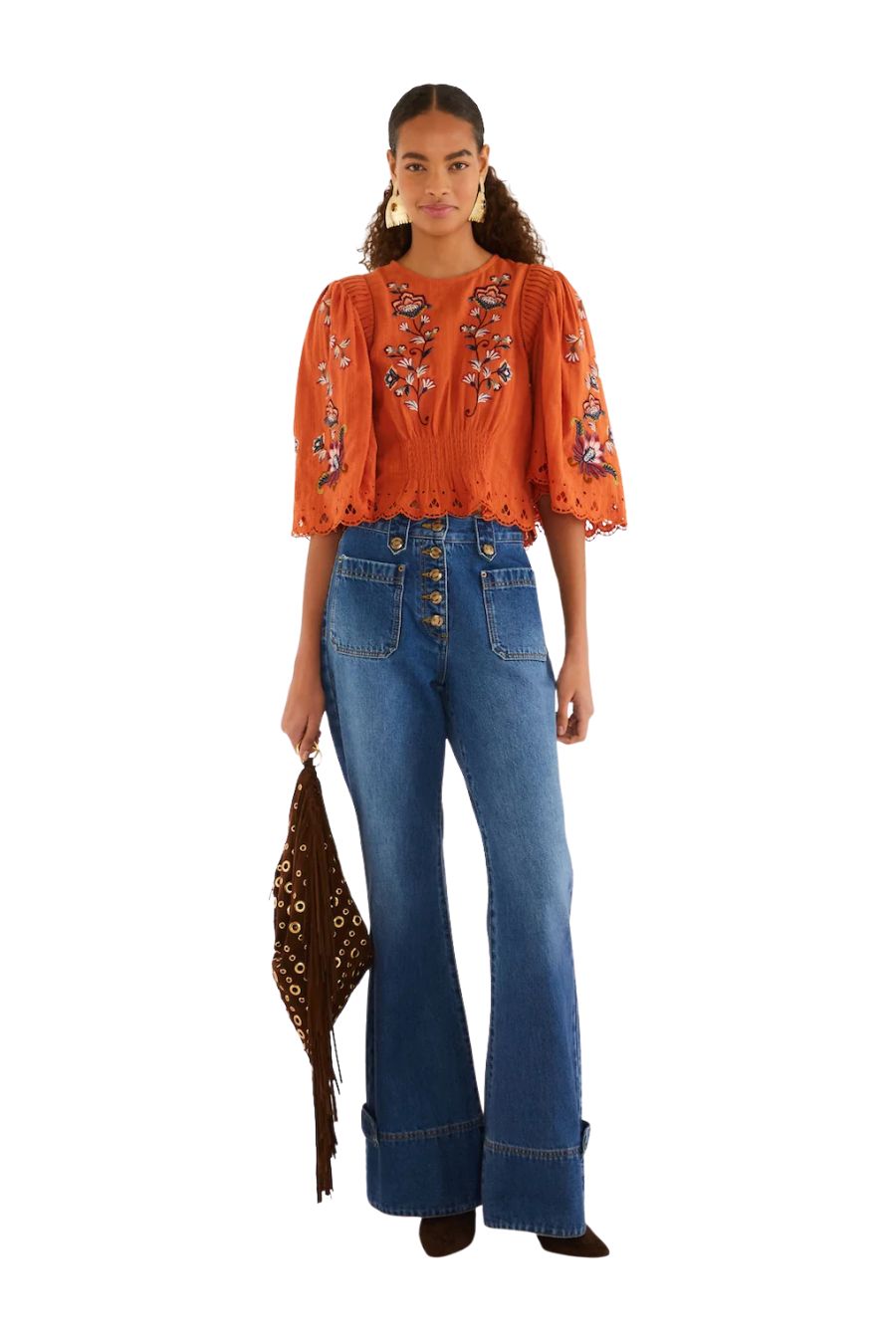 Farm Rio Boho Flowers Embroidered Blouse in Orange, cotton blouse with floral embroidery