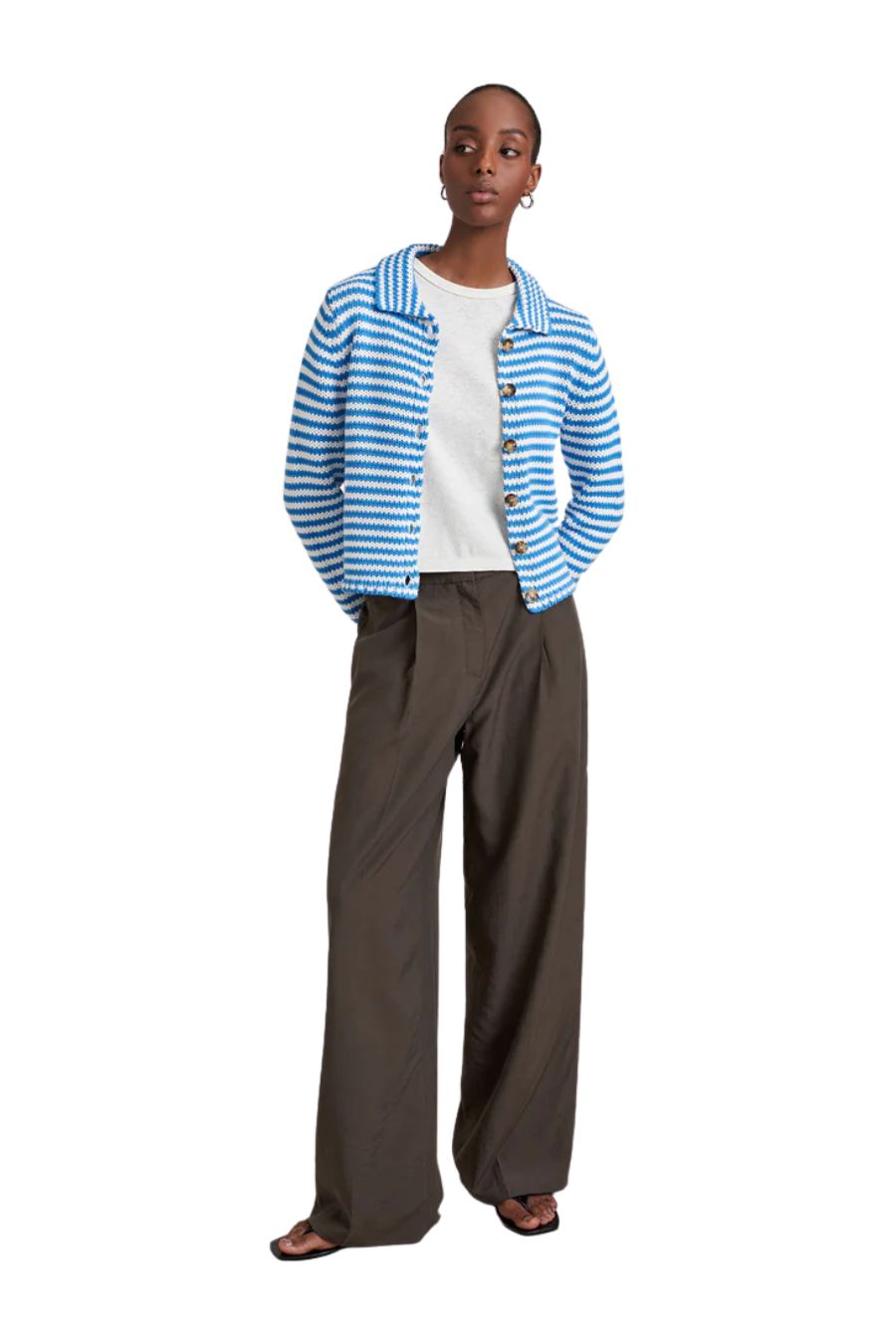 Mini Marina Fine Stripe Cardigan in Cerulean/Ivory