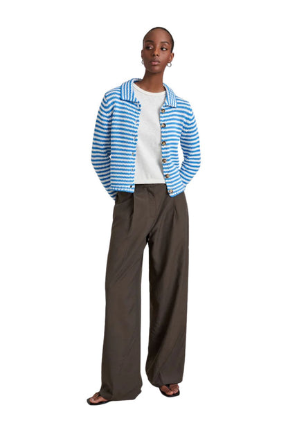 Mini Marina Fine Stripe Cardigan in Cerulean/Ivory