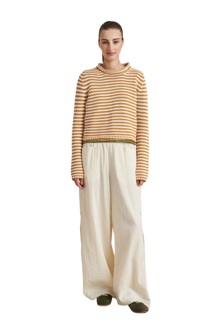 La Ligne Mini Marina Fine Stripe Sweater in Butterscotch/Ivory, striped wool-cashmere sweater