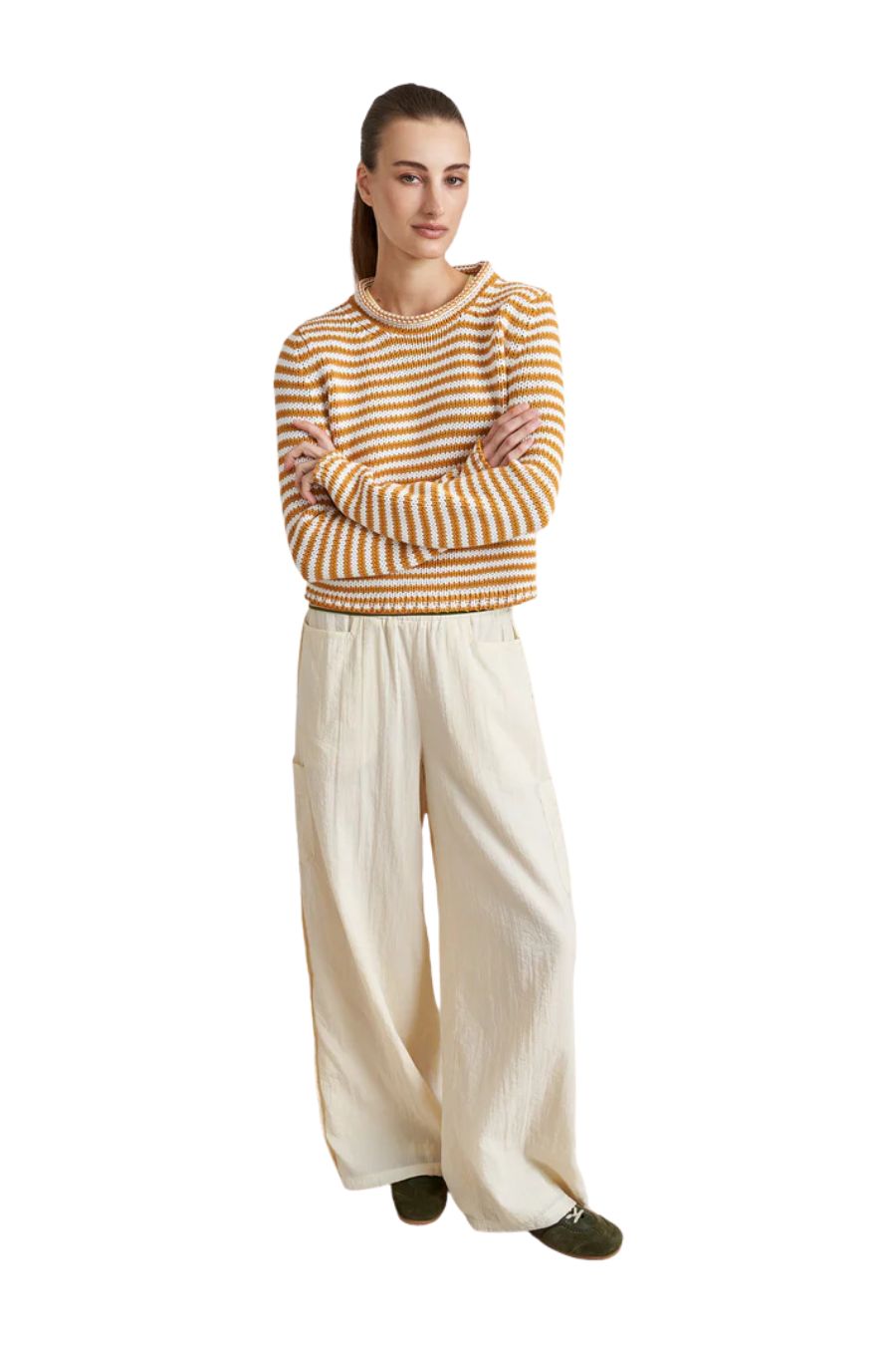 La Ligne Mini Marina Fine Stripe Sweater in Butterscotch/Ivory, striped wool-cashmere sweater