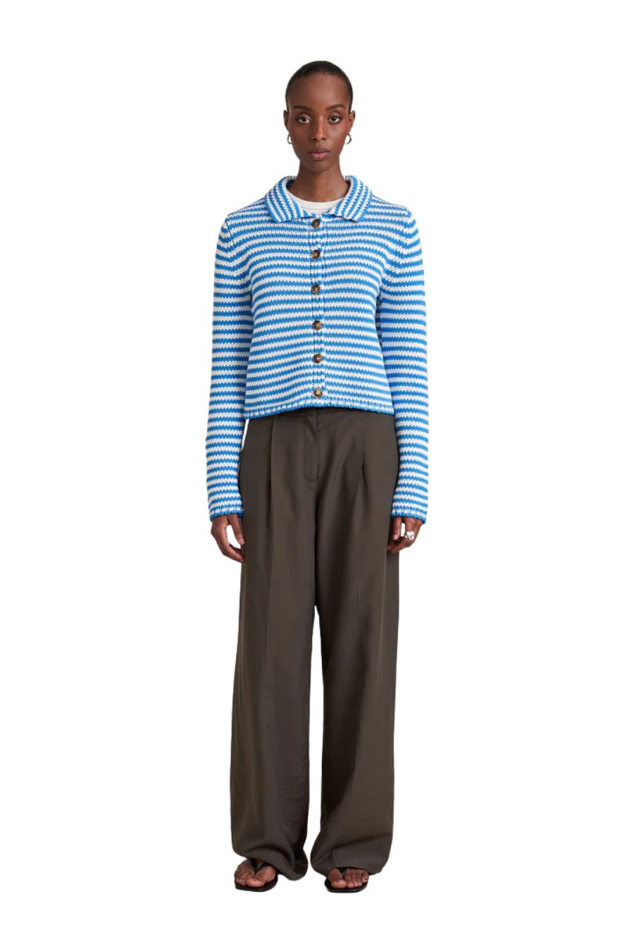 Mini Marina Fine Stripe Cardigan in Cerulean/Ivory
