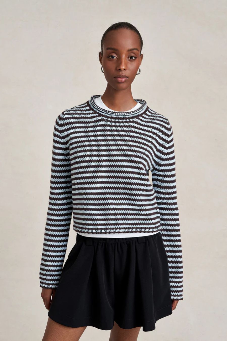 La Ligne Mini Marina Fine Stripe Sweater in Chocolate/Sky, striped wool-cashmere sweater