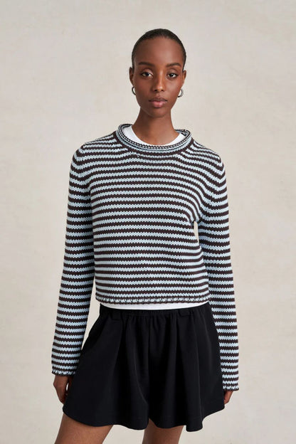La Ligne Mini Marina Fine Stripe Sweater in Chocolate/Sky, striped wool-cashmere sweater