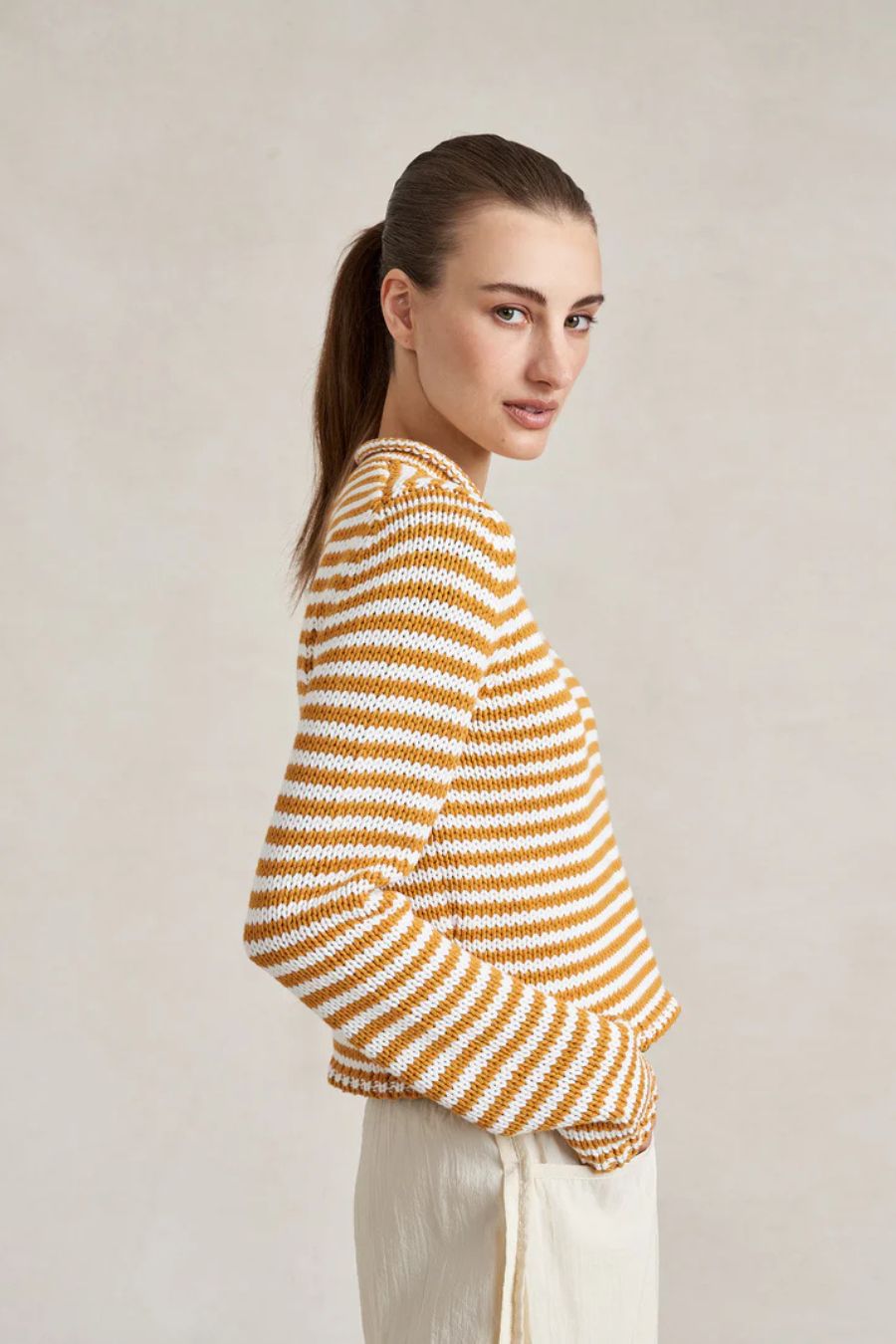 La Ligne Mini Marina Fine Stripe Sweater in Butterscotch/Ivory, striped wool-cashmere sweater