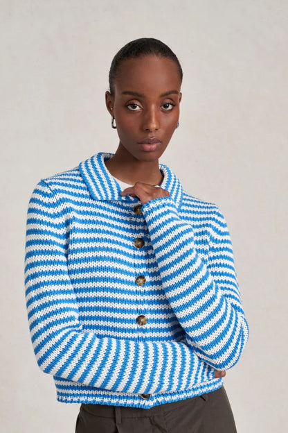 Mini Marina Fine Stripe Cardigan in Cerulean/Ivory
